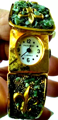 Rare Vintage Parker 17 Jewels Watch Emerald Green & Gold Fleur De Lis Cuff... • $196