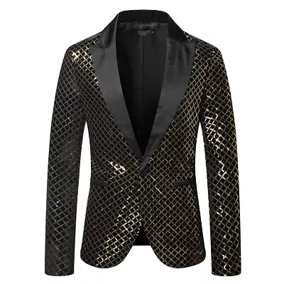 Men Bling Party Coat Sequins Tuxedo Suit Gentleman One Button Blazer Jacket UK • £23.74