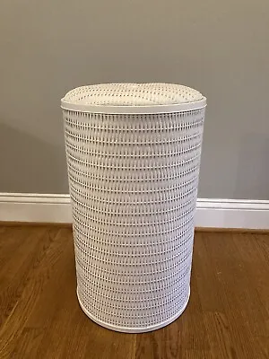 Vintage MCM White Wicker Round Cylinder Laundry Hamper 23  X 13  • $44.99