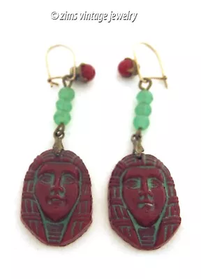 Vtg Art Deco EGYPTIAN Revival Czech Red Green Glass Goddess Wire Dangle EARRINGS • $7.99
