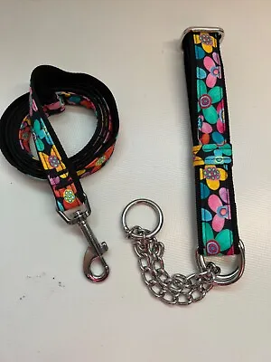 Martingale Half Check Choke Chain Dog Collar And Lead In Funky Flowers Design • £13.50