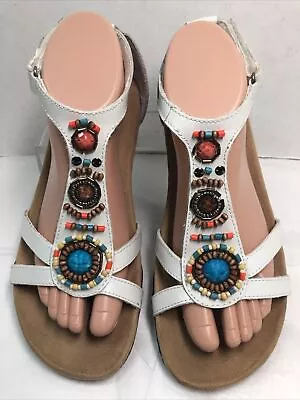 Minnetonka Bayshore Womens Sandals Sz 9 M  White Leather Beaded Sling Back #U • $29.93