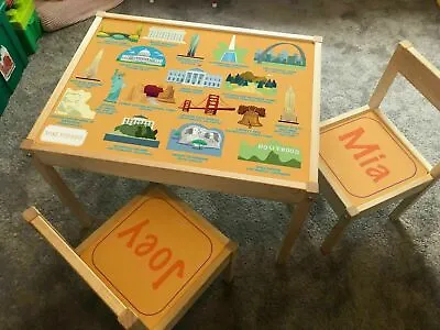 £55 • Buy Personalised Children's Ikea LATT Wooden Table And 2 Chairs Printed USA Landmark