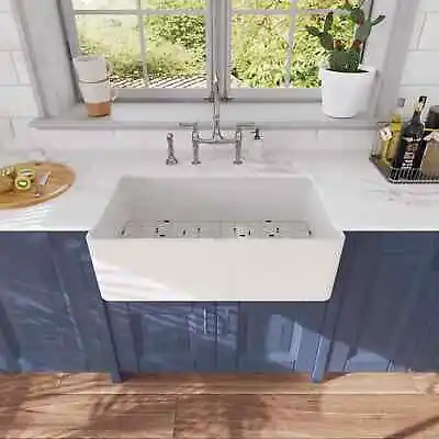 33 Inch Farmhouse Kitchen Sink Farm Sink Apron Sink W/Bottom Grid In&Drain White • $185.99