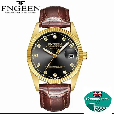 Genuine Leather Strap Men Gents Date Gold Case Quartz Analogue Wristwatch Brown • £14.44