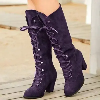 Women Lace Up Low Heels Flat Knee High Boots Ladies Wide Calf Riding Shoes Size • $72.86