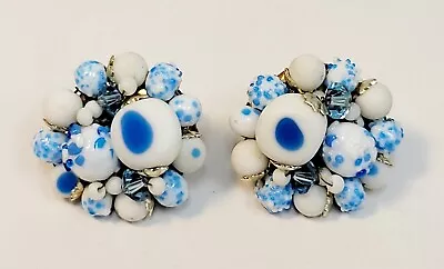 Vintage Japan White Milkglass Blue Dots Glass Bead Cluster Earrings Clip • $9.99