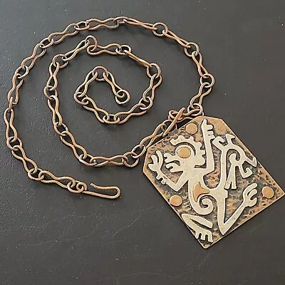 SIGNED MEXICO Vintage Necklace Pendant Maya Style Modernist Copper Tone 156 • $15.50
