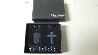 Zales Black Enhanced Diamond Accent Dog Tag Cross Pendant Bracelet Stainless • $200