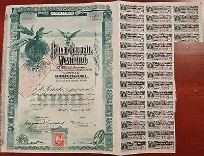 Mexico 1908 Banco Central Mexicano Blueberry $ 100 Pesos Coupons Bond Loan Share • $38