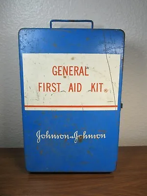 Vintage Johnson And Johnson Wall Mounted Hinged Large First Aid Metal Box Blue • $20