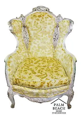 EUC! Antique French Louis XV Rococo Hand Carved Burnout Velvet Wing Back Chair • $1975