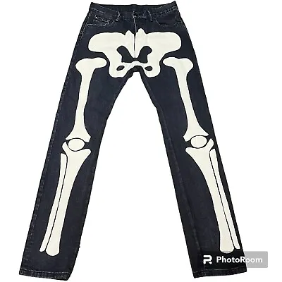 32x34 Mnml Jeans Mens Skeleton Bone Grunge Black Denim Good Condition Button Fly • $24