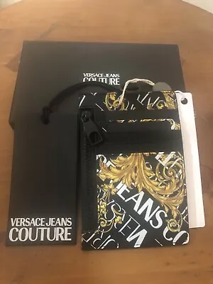 Versace Jeans Couture Black Baroque Zip Lanyard Wallet Cardholder W/ Chain NIB • $99