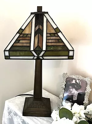 Arts And Crafts Mission Style Lamp With Stained Glass Shade Green Brown Tan • $125