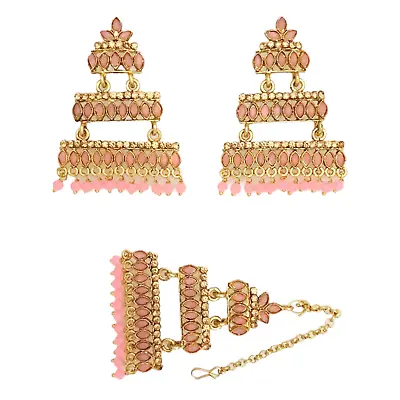 New Pink Bridal Maang Tikka Earrings Set Pearl Kundan Gold Tone Indian Jewelry - • $12.38