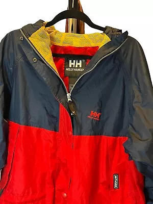 Vintage 90s Helly Hansen Mens Sailing Jacket Hooded Boating Rain Coat Ski Large • $39.99