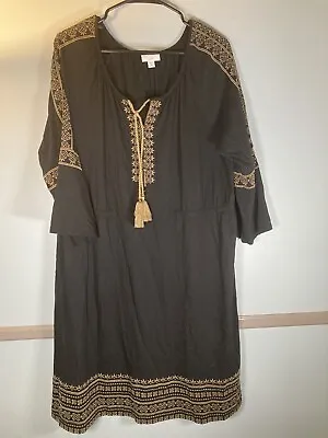 J Jill Black Dress Tassels Embroidered Womens XL Petite Boho 3/4 Sleeve • $26.99