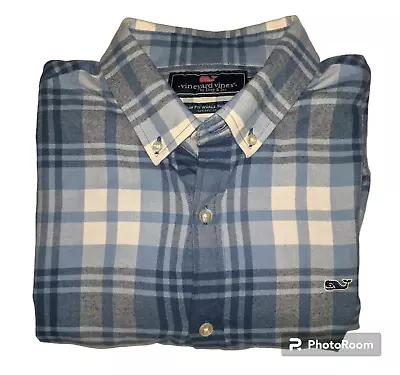 VINEYARD VINES Slim Fit Whale Shirt Button Up Plaid Mens LARGE Cool Blue White • $24