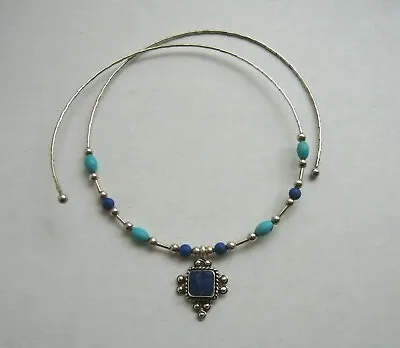 Southwestern QT Quoc Turquoise Sterling Silver Flexible Necklace & Lapis Pendant • $29.95
