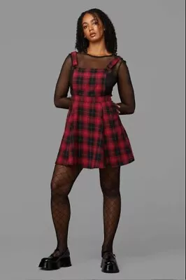 Dangerfield Red And Black Size 8 Tartan Pinafore Skirt Punk Goth Black Friday • $29.99