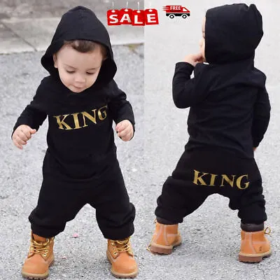 Newborn Baby Kids Boy  KING  Hooded Romper Bodysuit Jumpsuit Clothes Outfits Set • £8.69