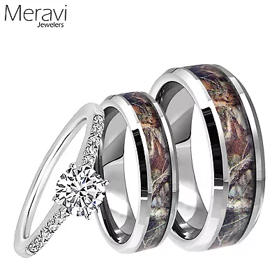 Tungsten Mossy Forest Oak Camo Band CZ Sterling Silver Wedding Ring [His & Her] • $48.95