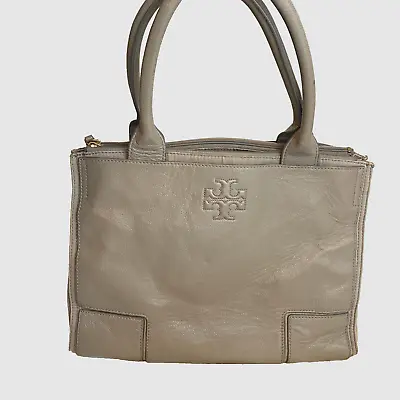 Tory Burch Leather Tote Bag Taupe Pebbled Multi Pockets Mixed Media Canvas Zip • $94.50