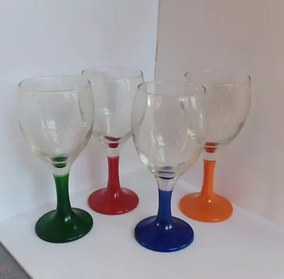 4 Multi Color Rainbow Stem Wine Glasses Green Red Blue Orange Stems • $30
