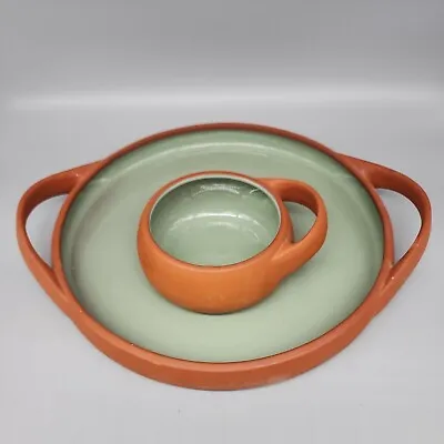 Vintage Terra Cotta Blue Green Glaze Chip And Dip Serving Bowl Handled USA 2 Pc • $25.49