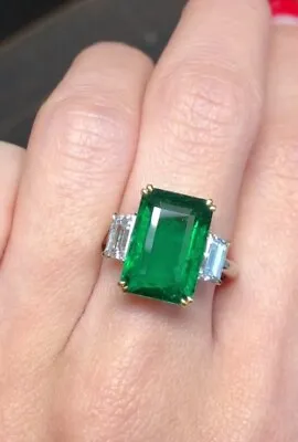 Green Columbian Emerald & CZ Diamond Three-Stone Ring For 925 Sterling Silver • $250