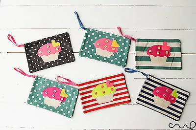 £6.99 • Buy Handmade Cupcake Zip Flat Girls Pencil Case Pink Stripe Polka Dot Single Pocket