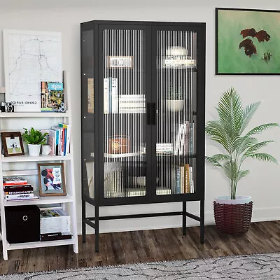 Kitchen Double Glass Door Storage Cabinet Feet Cold-Rolled Steel Sideboard New   • $291.20