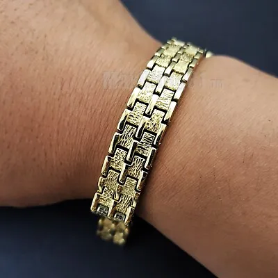 Golden Nugget Style Men Luxury Iced Gold Plated Stainless Steel Fashion Bracelet • $15.99