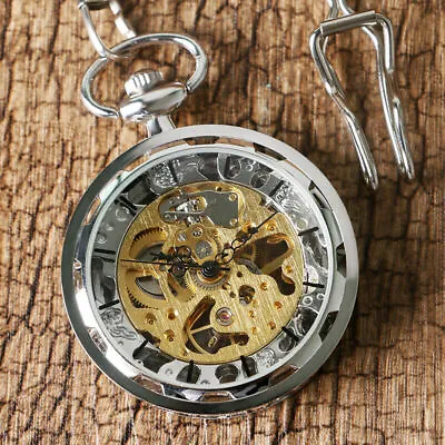 Classic Silver/Gold Transparent Skeleton Mechanical Pocket Watch With Fob Chain • £19.79