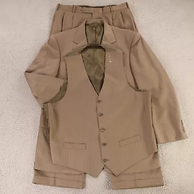 VINTAGE 3 Piece Suit L Brown Striped Polyester Jacket Pants Vest USA 44R 36x30 • $99.97