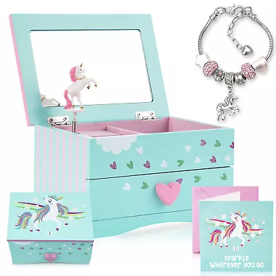 Girls Musical Unicorn Jewellery Box With Charm Bracelet Kids Wooden Xmas Gift • $47.95