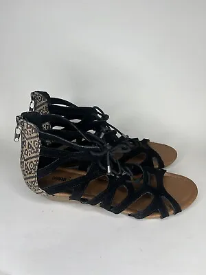 Minnetonka Sandals Women’s 9 Black Suede Leather Gladiator Low Wedge Zip 71605 • $23.96