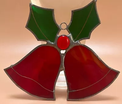 Vintage Christmas Stained Glass Style Bells Holly SunCatcher Ornament 5  X 4.25  • $11.95