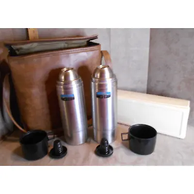 Thermos Picnic/Travel Set Stainless Steel 2464s Leather Carrying Tote Vintage • $50
