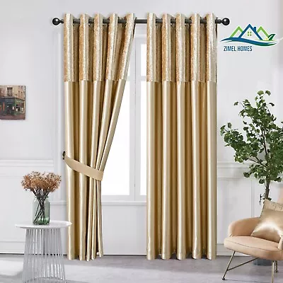 Crushed Velvet Band Curtains PAIR Eyelet Faux Silk Fully Lined Ring Top UK Sizes • £32.49