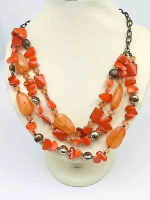 Vintage 3 Strand Mixed Orange Glass Stone Beaded Necklace Summer Bright • $14.95