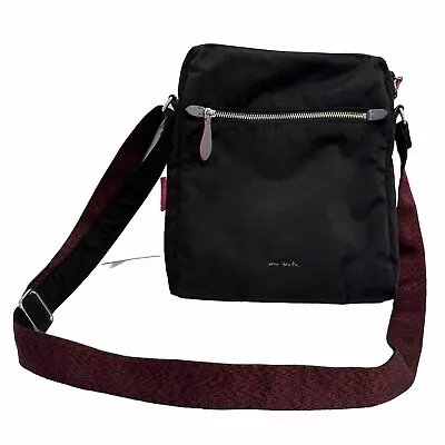 Vera Bradley Zip Hipster Crossbody Bag Black Nylon Striped Pink Lining Purse • $22.88