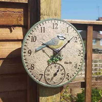 Blue Tit Round Wall Mounted Quartz Clock & Thermometer Indoor Outdoor • £15.95