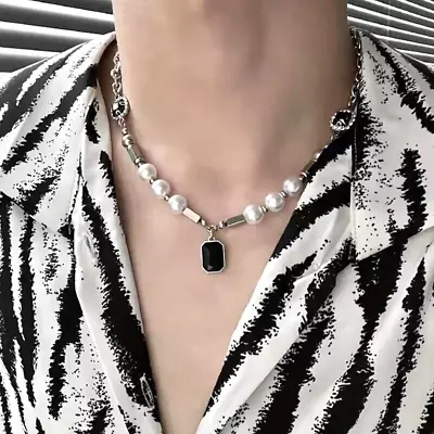 Fashion Hip-hop Black Rhinestones Pendant Necklace Faux Pearl Chain Men Jewelry • $16.98