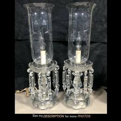 Vintage Pr Electric Clear Cut Crystal Glass Hurricane Lamps W Cut Prisms 17-1/4  • $215