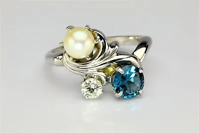 Vintage Diamond & Pearl & Blue Spinel 3-stone 14K White Gold Ring • $599