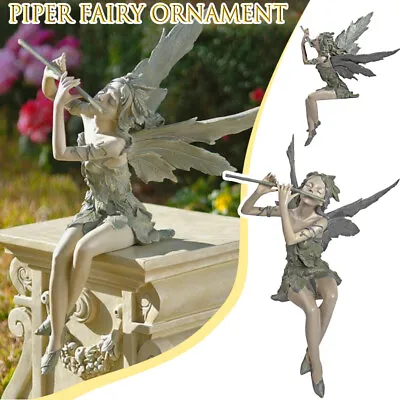 Home Decor Flute Fairy Garden Ornament Sitting Sculpture Outdoor Statue Resin • £9.17