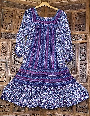Vtg 70s Kaiser Indian Cotton Gauze Midi Dress Block Print  Boho S/M • $75