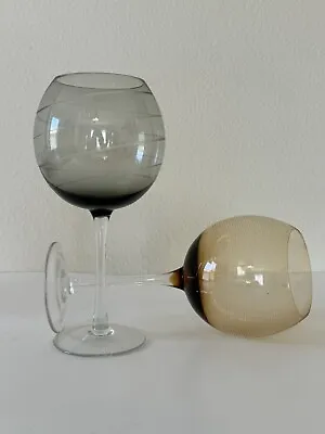 Mikasa Balloon Wine Glasses Set 2 Cheers Blown Glass Goblets Smokey Gray Amber • $23.19